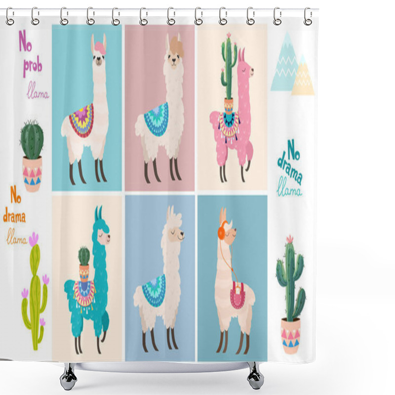 Personality  Set Of Stylish Cartoon Llamas And Decorative Elements. Vector Illustrations. Shower Curtains