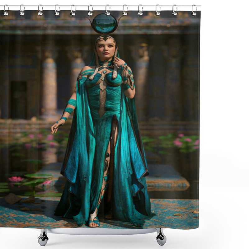 Personality  3d Computer Graphics Ofthe Egyptian Goddess Isis At A Temple With A Water Lily Pond Shower Curtains