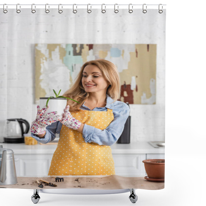 Personality  Beautiful Woman Looking At Flowerpot With Aloe And Smiling Near Table With Gardening Tools In Kitchen Shower Curtains