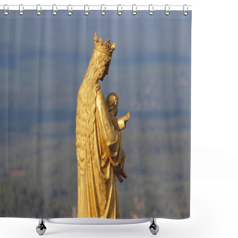 Personality  Golden Statue Of Virgin Mary And Baby Jesus Shower Curtains