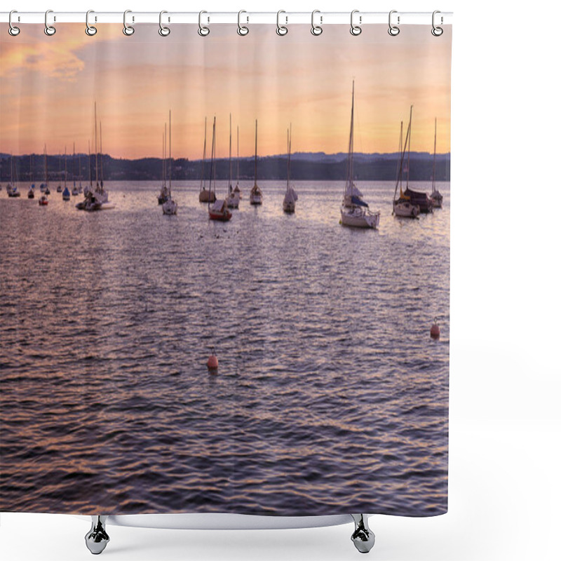 Personality  Capture The Serenity Of A Pier At Sunset With Sailboats Gently Floating On The Calm Lake. This Tranquil Scene Features An Orange And Pink Sky Reflecting On The Water, Creating A Peaceful Marina Shower Curtains