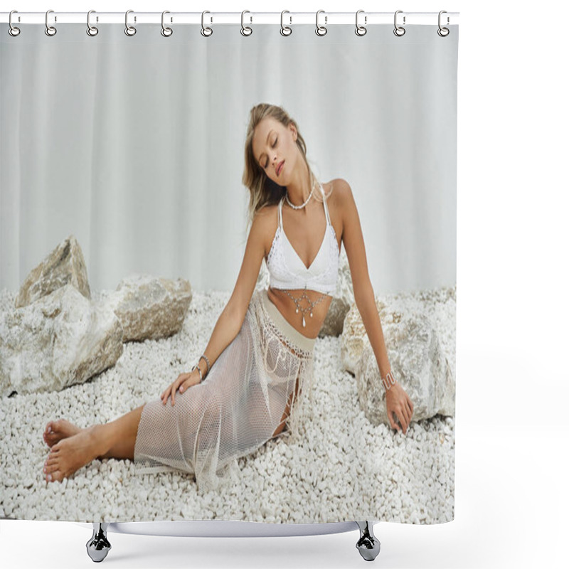 Personality  A Young Woman In A White Bikini Top And Crocheted Skirt Poses On A Bed Of White Stones, Her Blonde Hair Cascading Down Her Shoulders. Shower Curtains