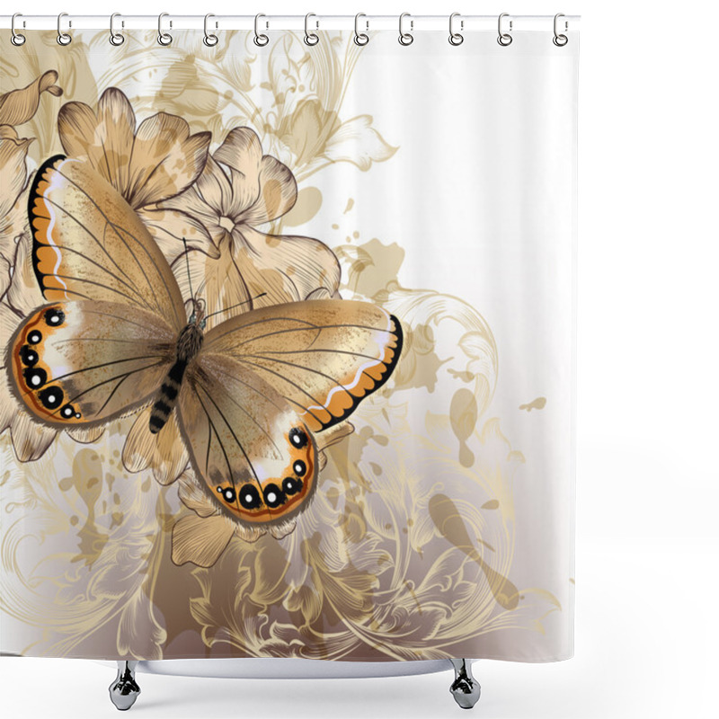 Personality  Cute Stylish Floral Background With Butterfly Shower Curtains