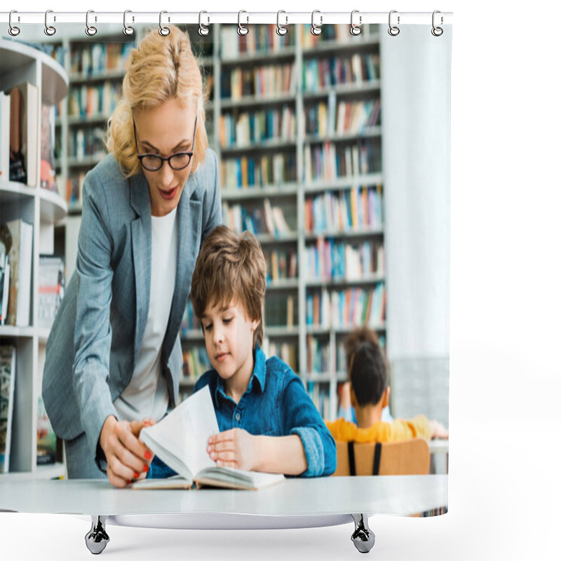 Personality  Beautiful Woman In Glasses Standing Near Cute Kid Reading Book  Shower Curtains