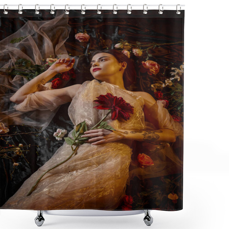 Personality  Feminine Elegance, Pierced Young Woman In Romantic Transparent Dress Lying Among Beautiful Flowers Shower Curtains