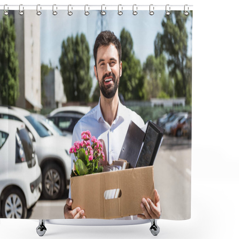 Personality  Happy Young Manager With Box Of Personal Stuff On Parking Shower Curtains