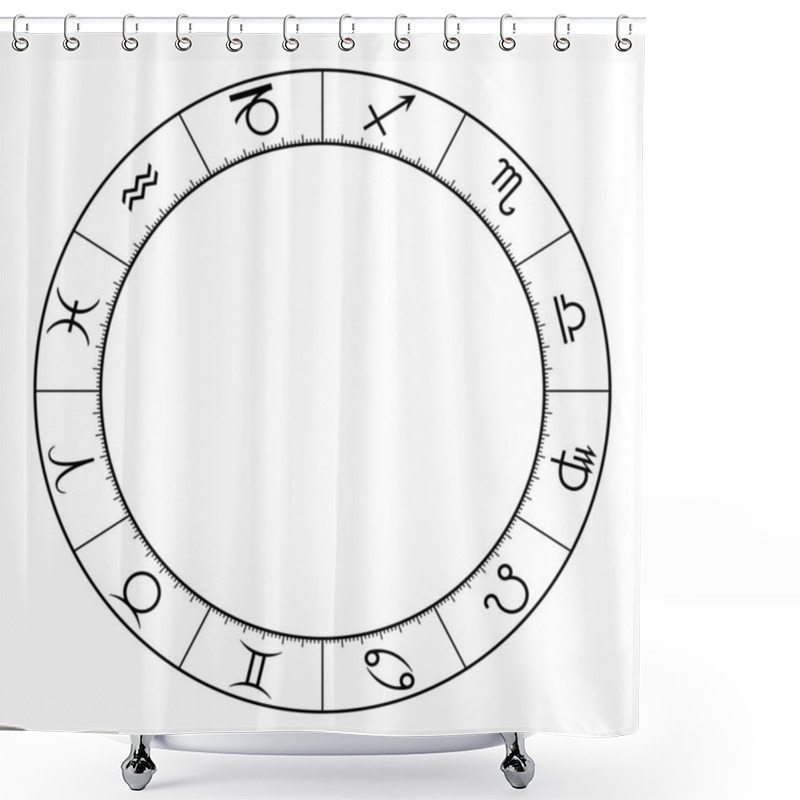 Personality  Zodiac Circle, Showing The Twelve Star Signs, Used In Horoscopic Astrology. Modern Wheel Of The Zodiac With Symbols And 360 Degree Division And Scale. Black And White Illustration On White Background. Shower Curtains