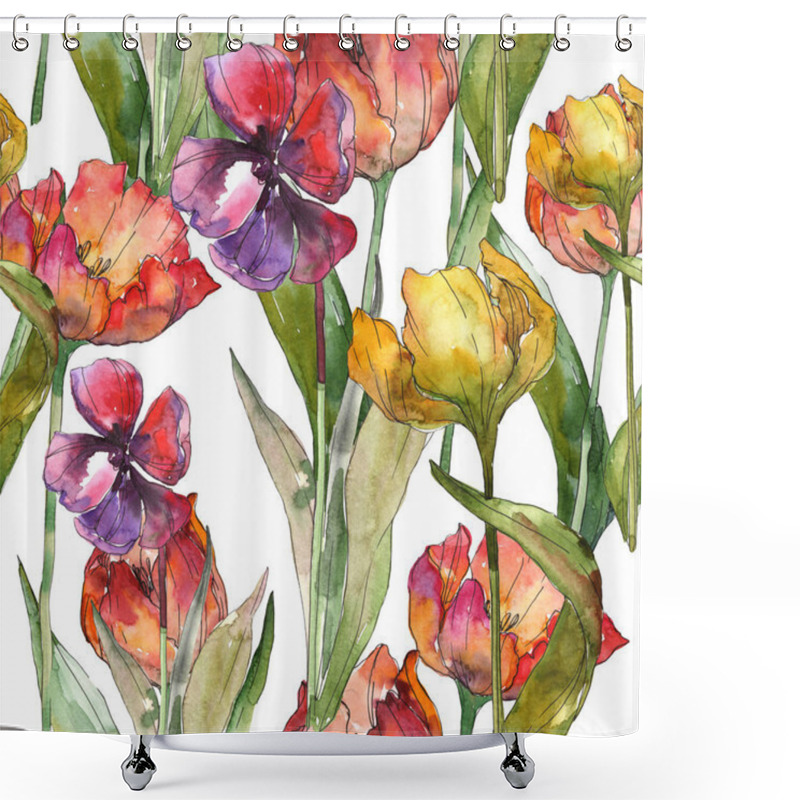 Personality  Tulips With Green Leaves And Abstract Pattern Seamless Background. Fabric Wallpaper Print Texture. Watercolor Illustration Set.  Shower Curtains