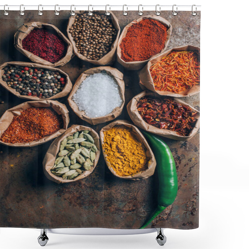 Personality  Elevated View Of Indian Spices In Paper Bags On Table Shower Curtains