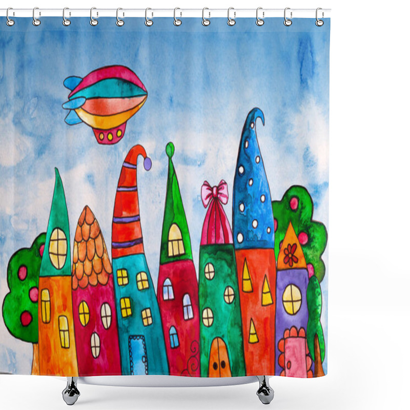 Personality  Fantasy Bright Sweet Houses In A Whimsical Childlike Style. Cartoon Houses. Cute Houses And Trees And Dirigible. Zeppelin Airship Dirigible Balloon Flight. Shower Curtains