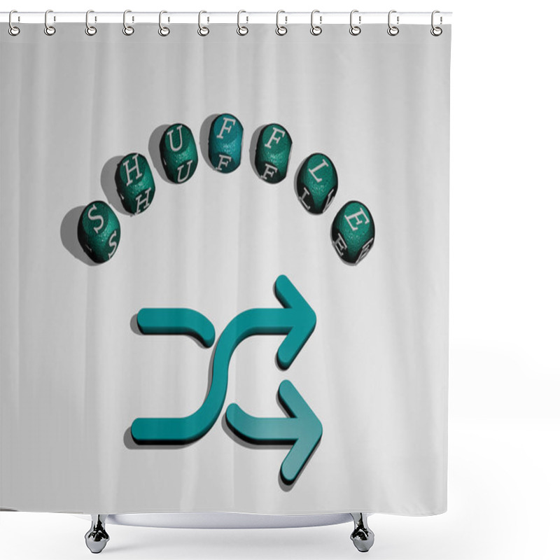 Personality  3D Representation Of SHUFFLE With Icon On The Wall And Text Arranged By Metallic Cubic Letters On A Mirror Floor For Concept Meaning And Slideshow Presentation. Illustration And Isolated Shower Curtains