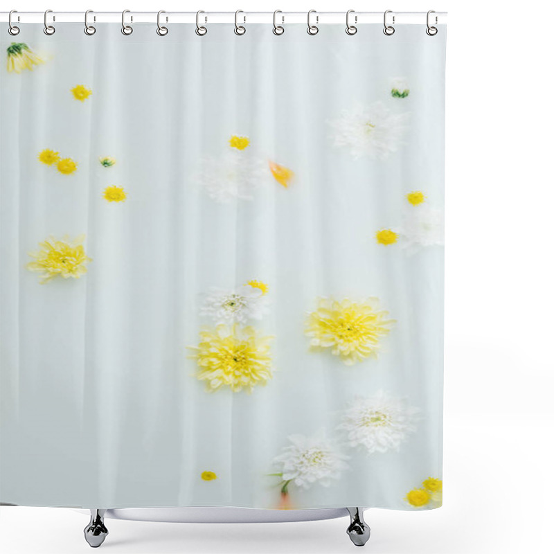 Personality  Top View Of Yellow And White Chrysanthemum Flowers In Milk Backdrop Shower Curtains