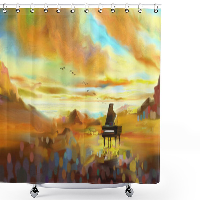 Personality  Fantasy The Piano Concert Classic And Emotion Surreal In Desert Nature Sky Cloud. Painting Meadow Landscape Abstract Contemporary Art For Background. Modern Art Watercolor Paintings. Oil Painted Shower Curtains