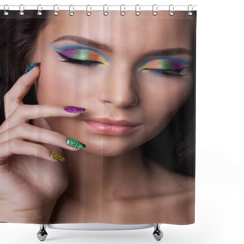 Personality  Woman With Professional Colourful Make-up And Sparkling Manicure Shower Curtains