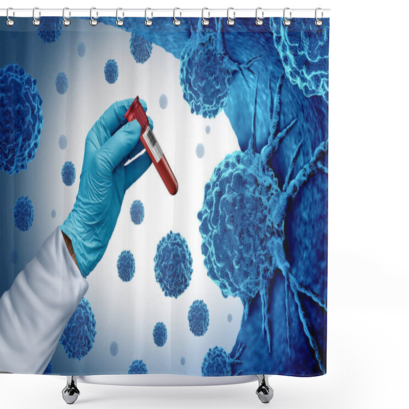 Personality  Multi Cancer Blood Test And Screening For Early Detection Of Cancers And Malignant Cells As Carcinogens And Genetics With A Cancerous Cell As An Immunotherapy Symbol And Medical Therapy Diagnosis As A 3D Illustration. Shower Curtains