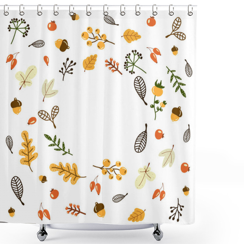 Personality  Vector Wreath Of Autumn Leaves And Berries In Hand Drawn Style. Beautiful Round Wreath Of Yellow And Red Leaves, Acorns, Berries, Cones And Branches. Decor For Invitations, Greeting Cards, Posters. Shower Curtains