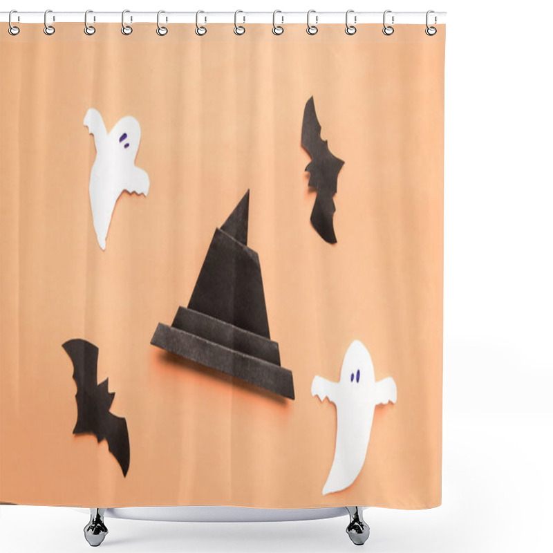 Personality  Happy Halloween Holiday Concept. Halloween Decorations, Bats, Spooky And Origami Witch Hat On Beige Orange Background. Top View. Flat Lay Shower Curtains