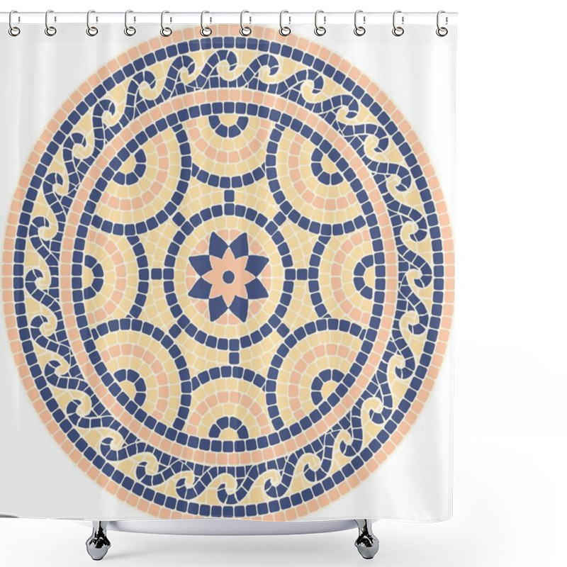 Personality  Mosaic Circular Ornament In Blue, Yellow And Pink Coors In Classic Style. For Ceramics, Tiles, Ornaments, Backgrounds And Other Projects. Shower Curtains