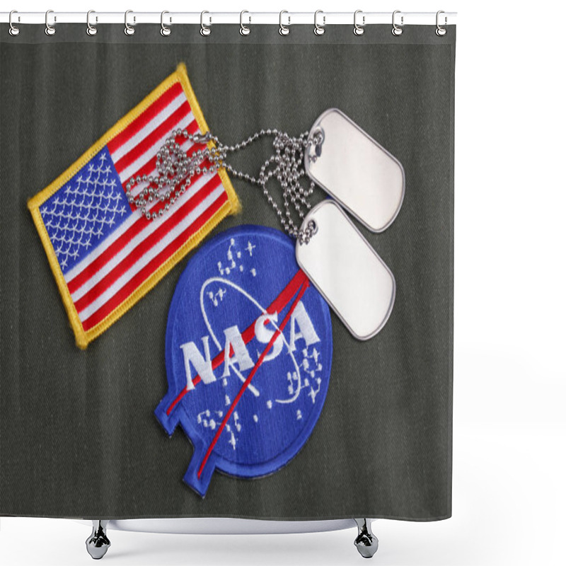 Personality  15 March 2018 - The National Aeronautics And Space Administration (NASA) Emblem Patch, Dog Tags, And US Flag Patch On Green Uniform Background Shower Curtains