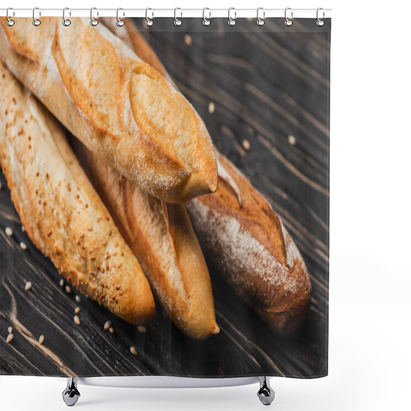 Personality  Fresh Baked Baguette Loaves On Wooden Surface Shower Curtains