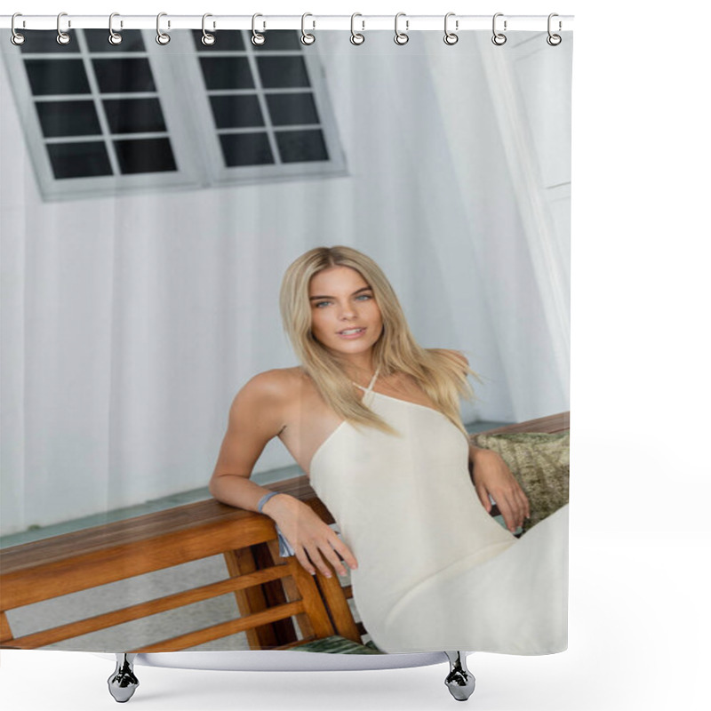 Personality  A Serene Woman In A White Dress Sits Gracefully On A Wooden Bench In Miami Shower Curtains