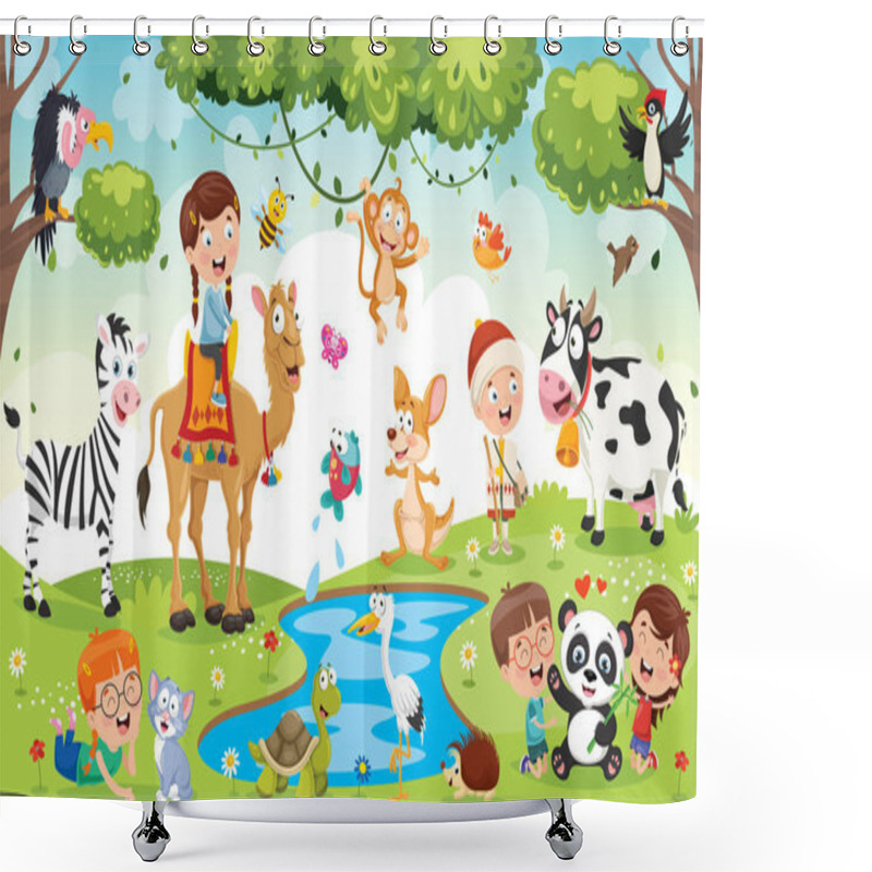 Personality  Children Playing With Funny Animals Shower Curtains