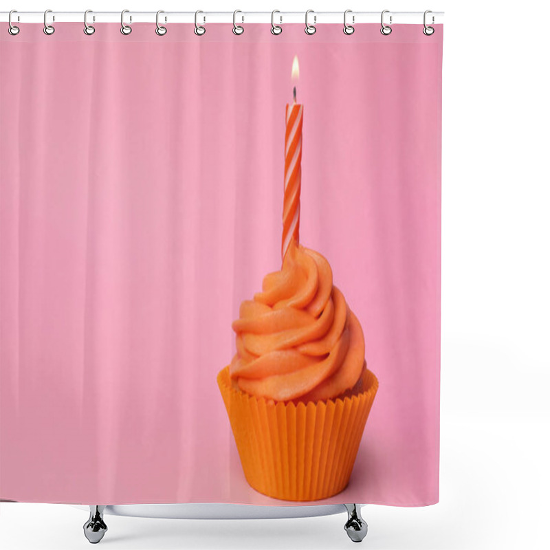 Personality  Delicious Birthday Cupcake With Orange Cream And Burning Candle  Shower Curtains