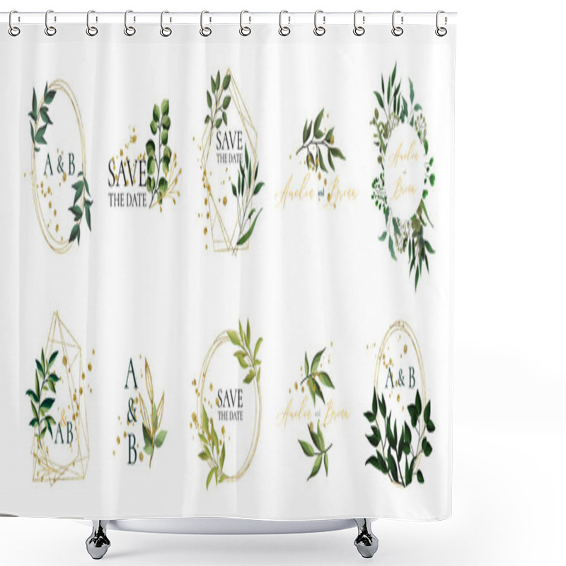 Personality  Set Of Floral Wedding Logos And Monogram With Elegant Green Leaves Shower Curtains