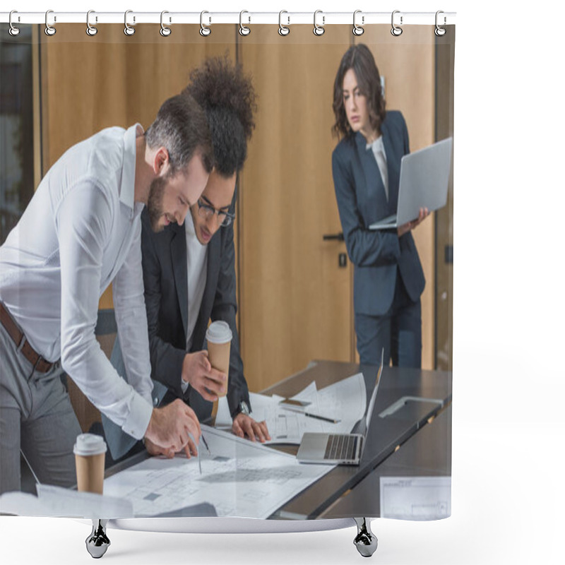 Personality  Team Of Architects Working With Building Plans At Conference Hall Of Office Shower Curtains