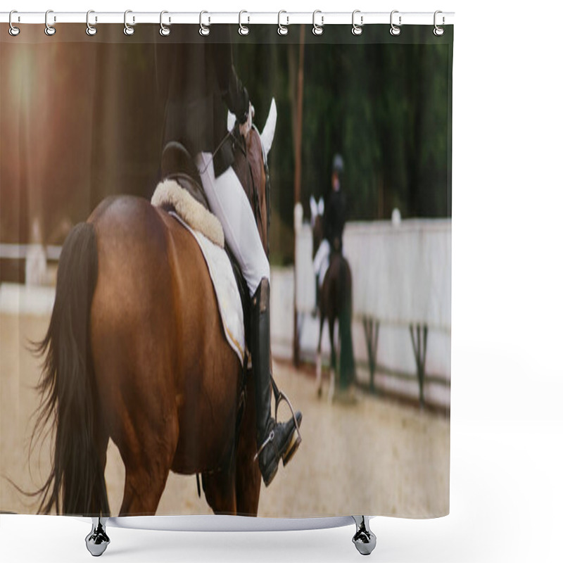 Personality  A Rider On A Horse In A Dressage Competition. Rear View. Sunlight. Copyspace Shower Curtains