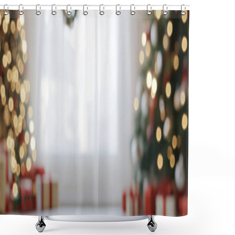 Personality  A Cozy Christmas Scene Featuring Beautifully Decorated Trees With Twinkling Lights And Presents Underneath. Shower Curtains