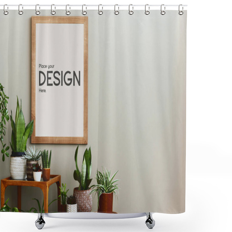 Personality  Stylish Botany Composition Of Home Garden Interior With Wooden Mock Up Poster Frame, Filled A Lot Of Beautiful House Plants, Cacti, Succulents In Different Design Pots And Floral Accessories. Template Shower Curtains