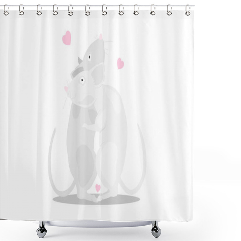 Personality  Gray Rat Is A Symbol Of The New Year 2020. Cartoon Characters Are Hugging On A White Background. Romantic Holiday Illustration With Hearts On A White Background. Shower Curtains