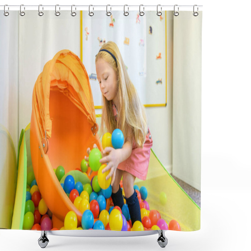 Personality  Cute Preschool Age Girl Playing With Toys During Occupational Therapy.  Shower Curtains