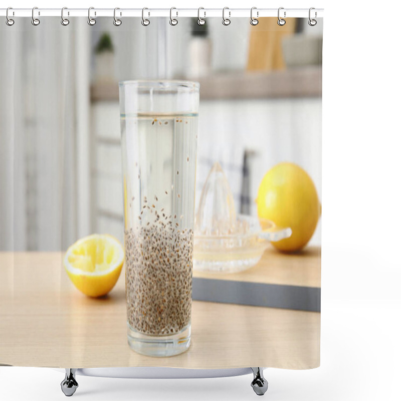 Personality  Composition With Glass Of Water And Chia Seeds On Table Against Blurred Background Shower Curtains