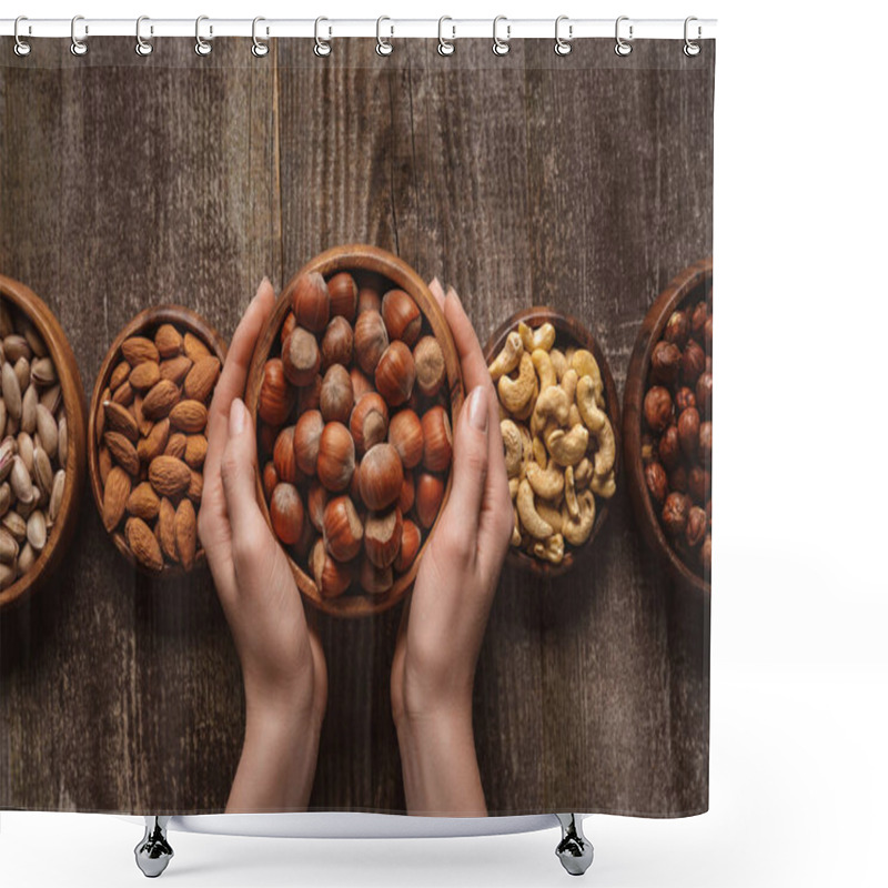 Personality  Partial View Of Woman Holding Bowl With Hazelnuts On Wooden Tabletop With Different Nuts Around Shower Curtains