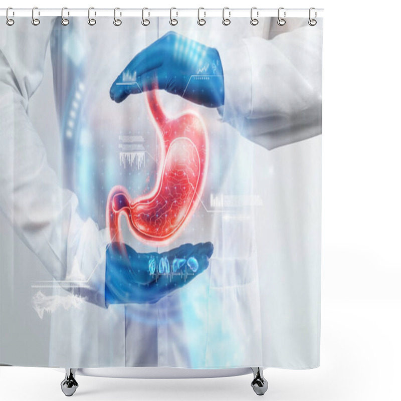 Personality  The Doctor Looks At The Stomach Hologram, Checks The Test Result On The Virtual Interface, And Analyzes The Data. Stomach Disease, Obesity, Innovative Technologies, Medicine Of The Future Shower Curtains