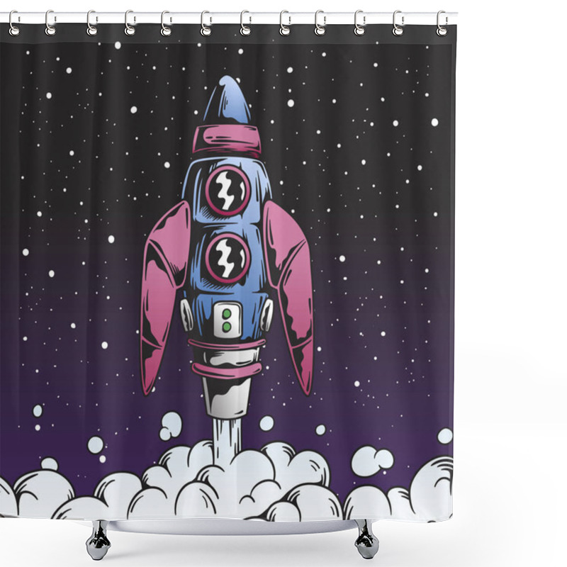 Personality  Retro Rocket Launch In Space Illustration Shower Curtains