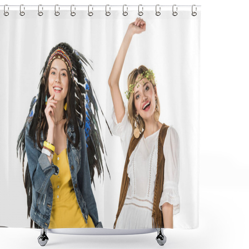 Personality  Two Bisexual Hippie Girls In Indian Headdress And Wreath Dancing Isolated On White Shower Curtains