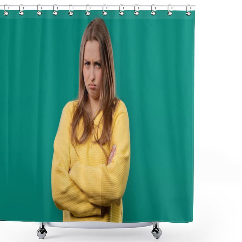 Personality  Offended Upset Young Woman With Arms Crossed Feeling Mad At Someone. Teen Maximalism. Facial Expressions, Emotions And Feelings. Body Language. Self-confident Lady On Blue Background. Shower Curtains