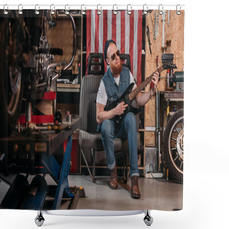 Personality  Bearded Man Playing Electric Guitar At Garage With Usa Flag Hanging On Wall Shower Curtains