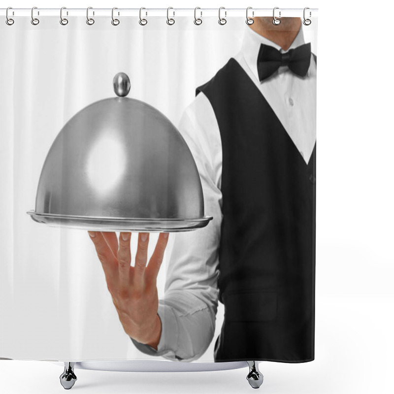 Personality  Waiter Holding Metal Tray Shower Curtains