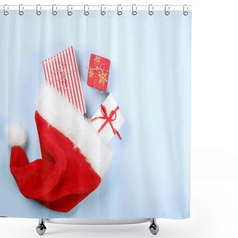 Personality  Santa Claus Hat Stuffed With New Years Presents Wrapped In Festive Colorful Craft Paper, Arranged In Festive Composition. Close Up Background, Copy Space, Top View. Winter Holidays Preparation Concept Shower Curtains