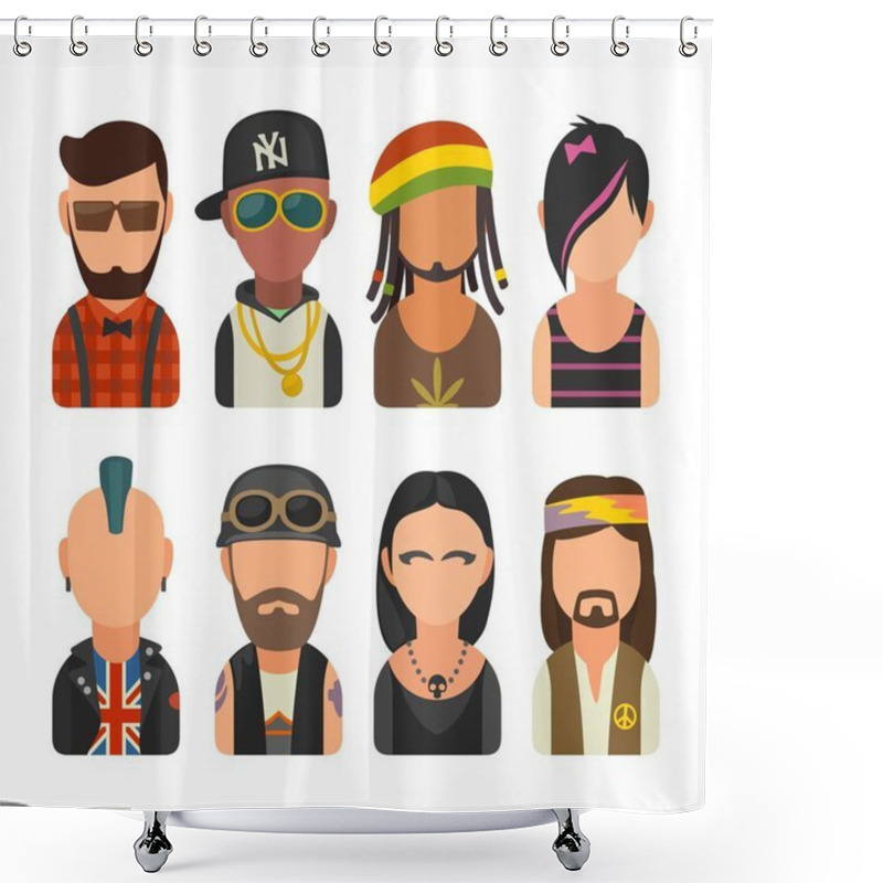 Personality  Set Icon Different Subcultures People. Hipster, Raper, Emo, Rastafarian, Punk, Biker, Goth, Hippy Shower Curtains