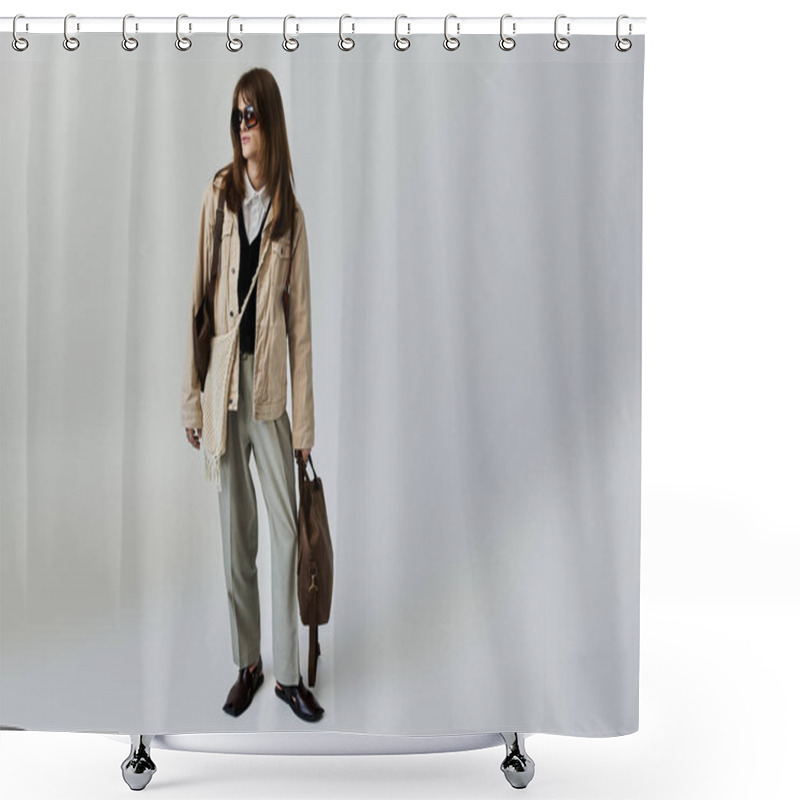 Personality  A Young Man Stands Confidently, Flaunting His Trendy Outfit In A Chic Indoor Setting. Shower Curtains