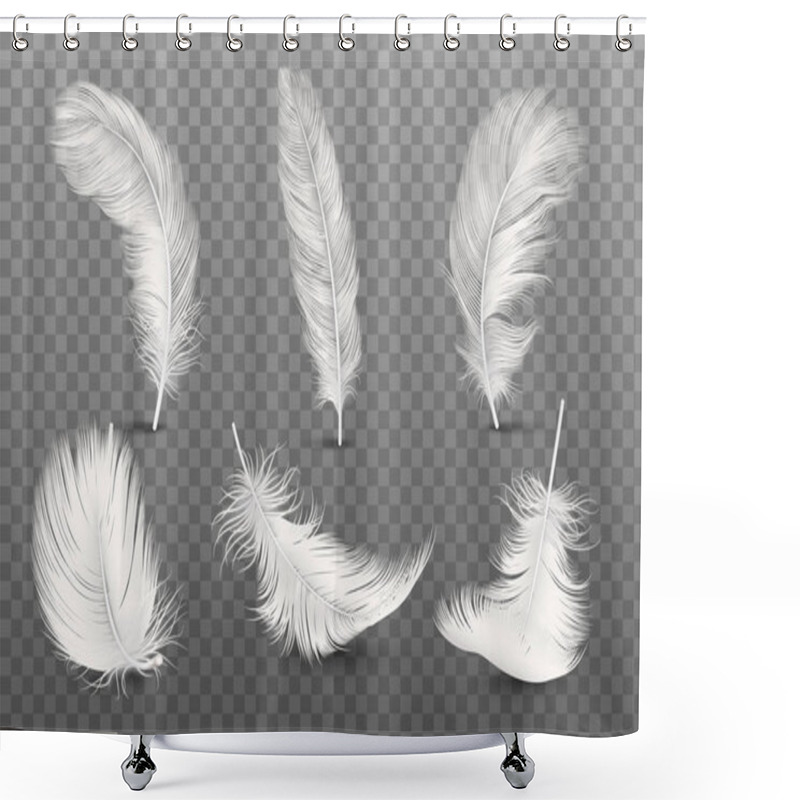 Personality  Vector 3d Realistic Different Falling White Fluffy Twirled Feather Set Closeup Isolated On Transparency Grid Background. Design Template, Clipart Of Angel Or Bird Detailed Feather In Various Shapes Shower Curtains