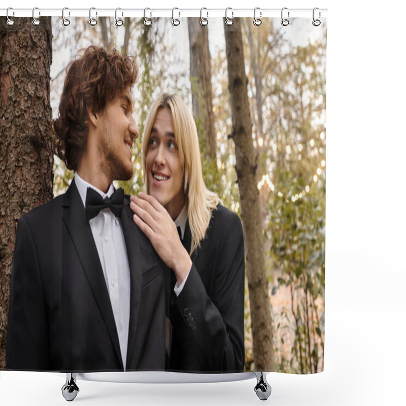 Personality  Under The Soft Glow Of Fairy Lights, Two Young Men Enjoy Each Others Company In A Lush Forest Setting. Shower Curtains