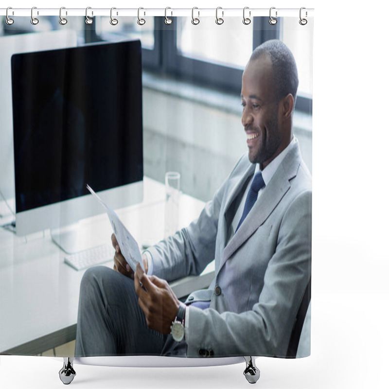 Personality  Smiling African American Businessman Reading Newspaper At Workplace Shower Curtains