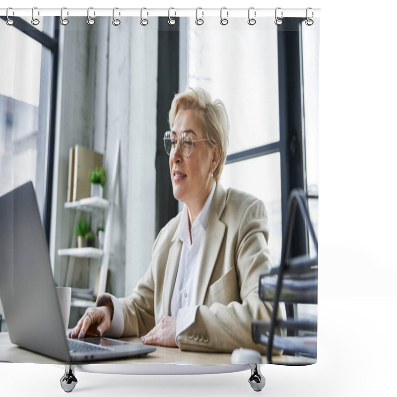 Personality  An Adult Stylish Woman Engages With Her Laptop, Showcasing Elegance In A Contemporary Workspace. Shower Curtains