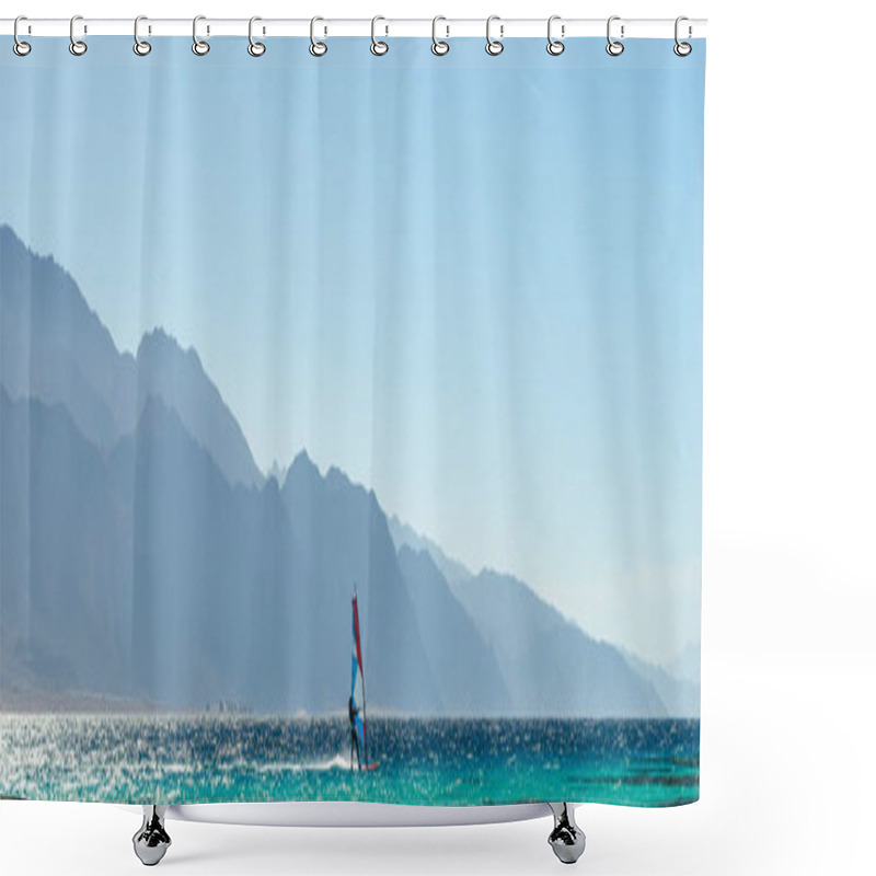 Personality  Windsurfer Rides In The Red Sea Against The Backdrop Of High Roc Shower Curtains